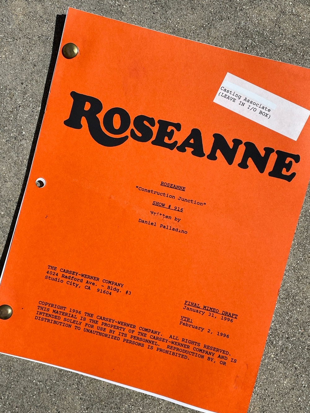 Roseanne Vtg 1996 Production Used Final Mimeo Draft Script Construction Junction